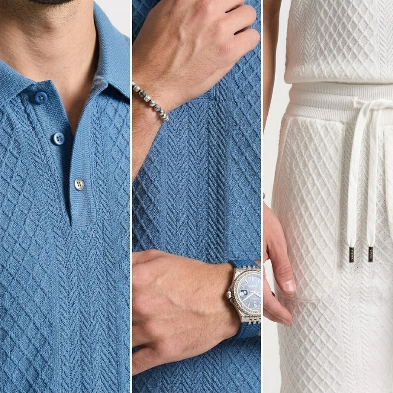 Comfortable men's two-piece polo and shorts set. Features textured fabric, perfect for casual summer fashion.