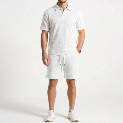 Men's matching polo and shorts two-piece set. Coordinated casual summer wear with comfortable textured fabric.