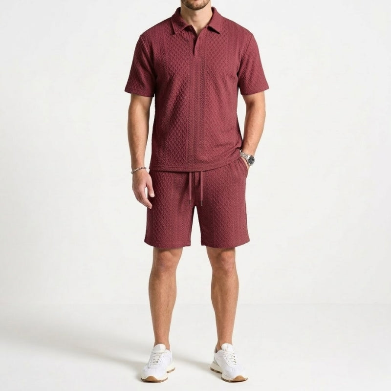 Effortless men's summer style: comfortable textured fabric polo and shorts two-piece set for casual wear.