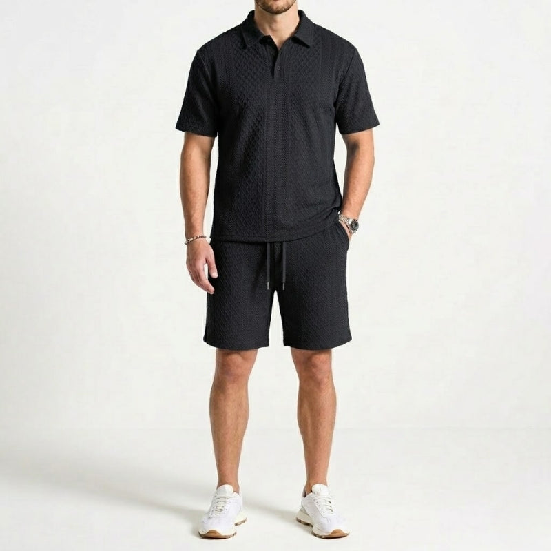 Men's casual polo shirt and matching shorts two-piece set. Ideal for comfortable and stylish summer fashion.