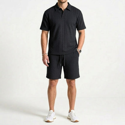Men's casual polo shirt and matching shorts two-piece set. Ideal for comfortable and stylish summer fashion.