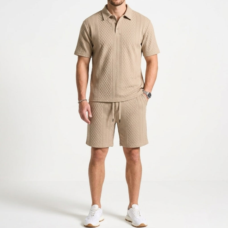 Textured fabric men's polo & shorts two-piece set. Comfortable, casual, and perfect for summer fashion.