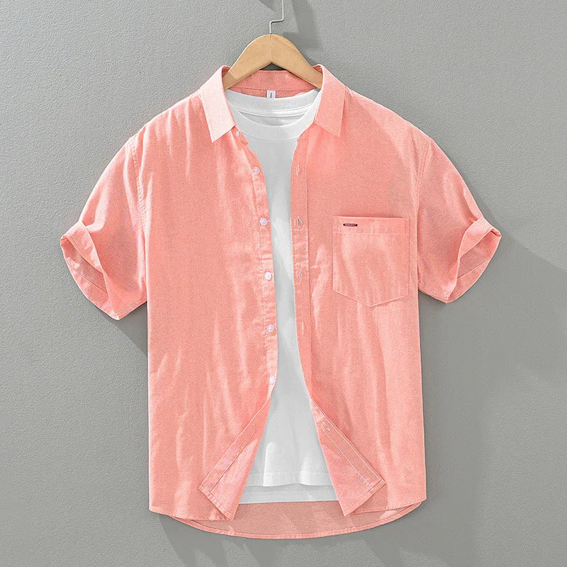 Lightweight men's short sleeve button-up shirt, effortless style for summer & everyday casual outfits.