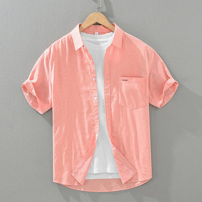 Lightweight men's short sleeve button-up shirt, effortless style for summer & everyday casual outfits.