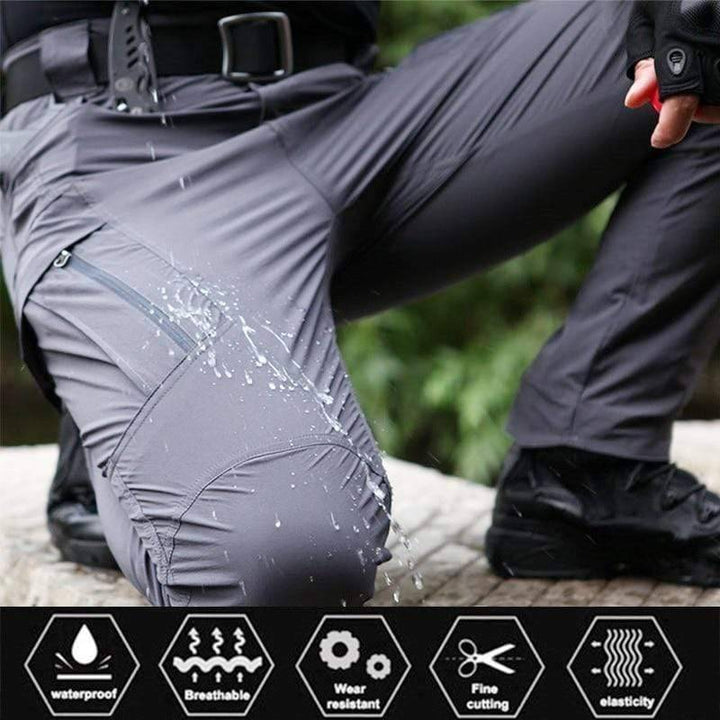 Full shot of men's military style camouflage cargo pants with elastic waist