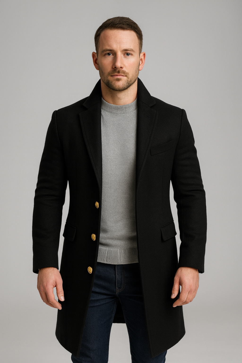 Men's elegant black long trench coat featuring striking gold buttons, perfect for sophisticated winter outerwear.