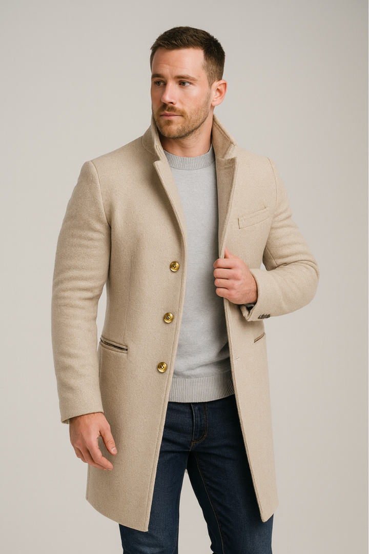 Stylish men's black long trench coat with gold buttons, ideal for formal winter fashion and gentleman's outerwear.