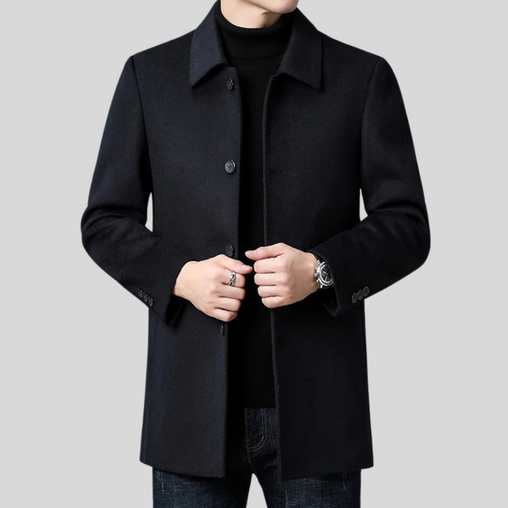 Men's elegant black single-breasted overcoat. Perfect for winter style, formal wear, and business attire.