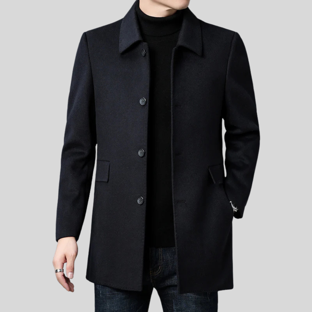 Warm men's elegant winter overcoat. Tailored fit for smart casual or formal business attire. Classic outerwear.