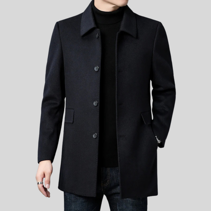 Warm men's elegant winter overcoat. Tailored fit for smart casual or formal business attire. Classic outerwear.
