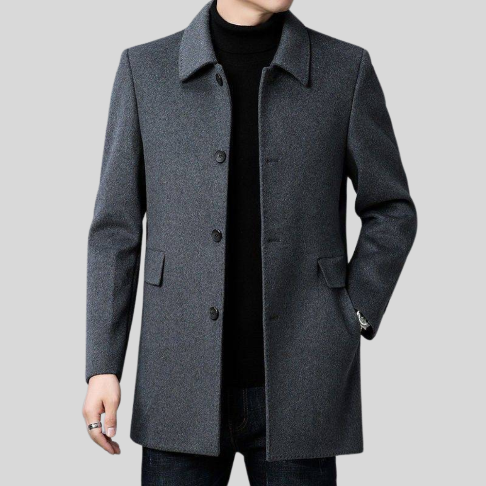 Stylish men's single-breasted overcoat. Versatile outerwear for a refined, elegant winter look. Smart casual to formal.