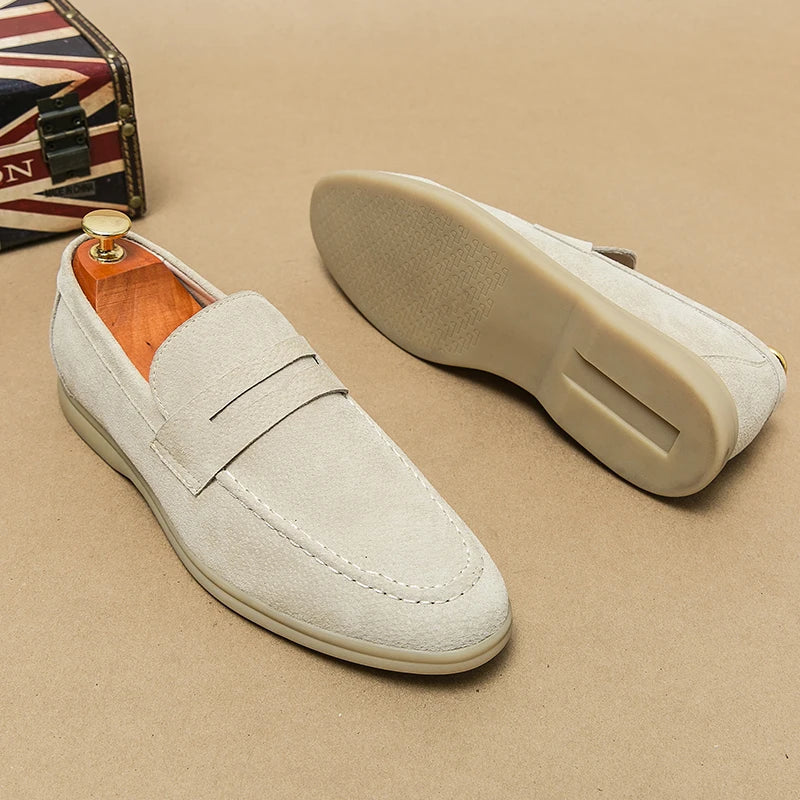 Khaki men's slip-on loafers, comfortable & elegant casual shoes for classic style footwear.