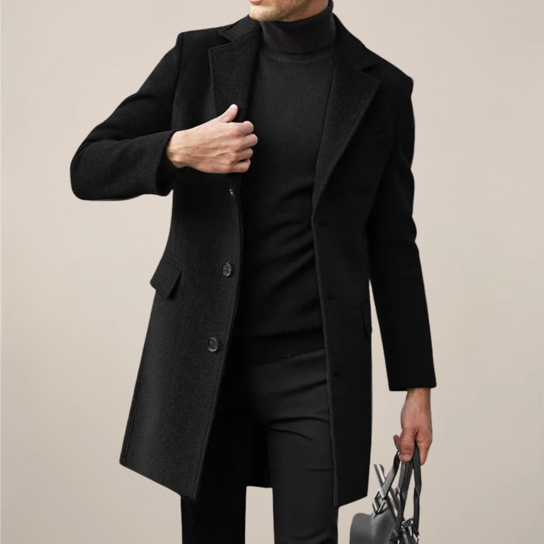 Men's elegant black tailored long overcoat for winter. Single-breasted, formal business outerwear for stylish men.