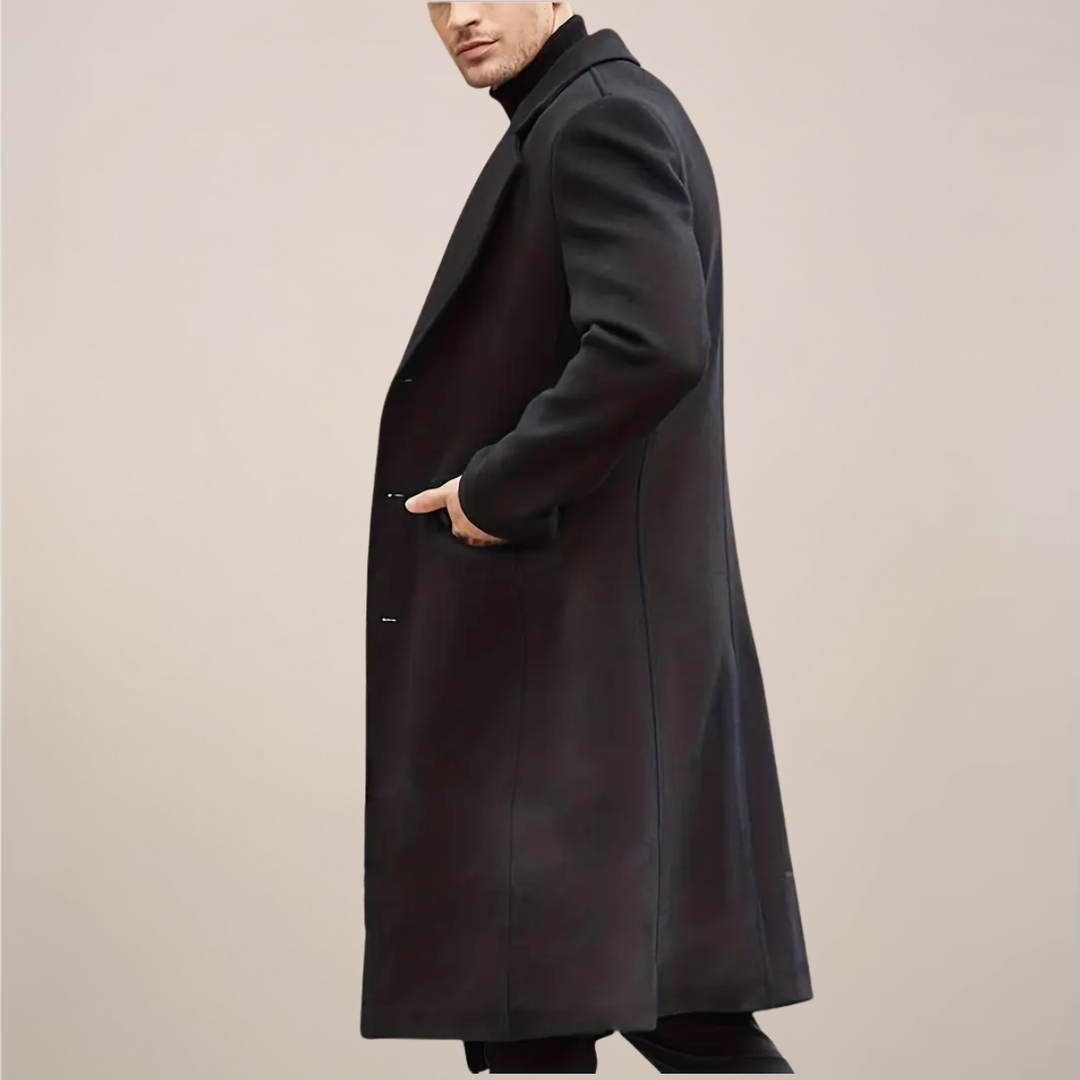 Classic men's black tailored winter overcoat. Ideal formal business outerwear, single-breasted for elegant style.