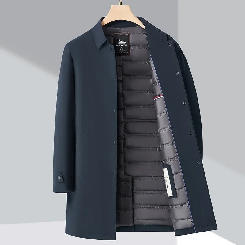 Men's elegant black winter trench coat, insulated for cold weather, perfect for urban style & business casual.