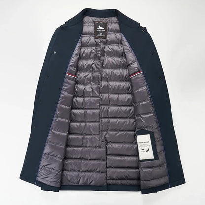 Stylish men's winter trench coat, suitable for business casual & urban fashion, providing warmth & a sleek look.