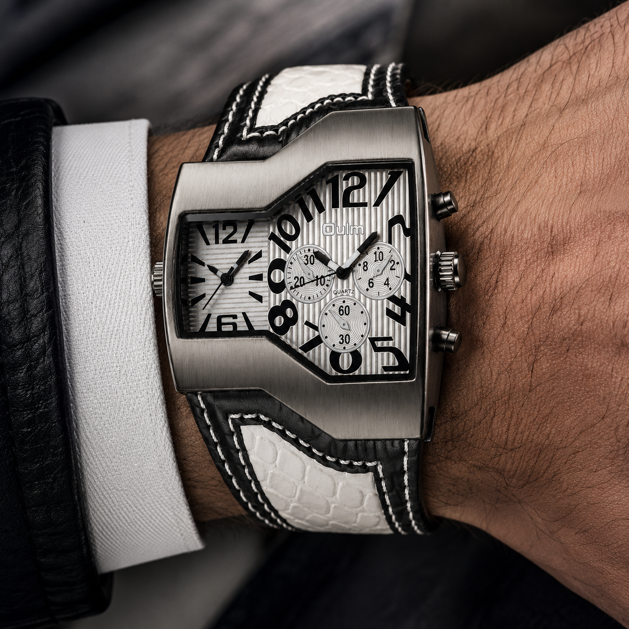 Men's elegant dual time watch with black leather strap, perfect for travel & global timekeeping. Classic accessory.