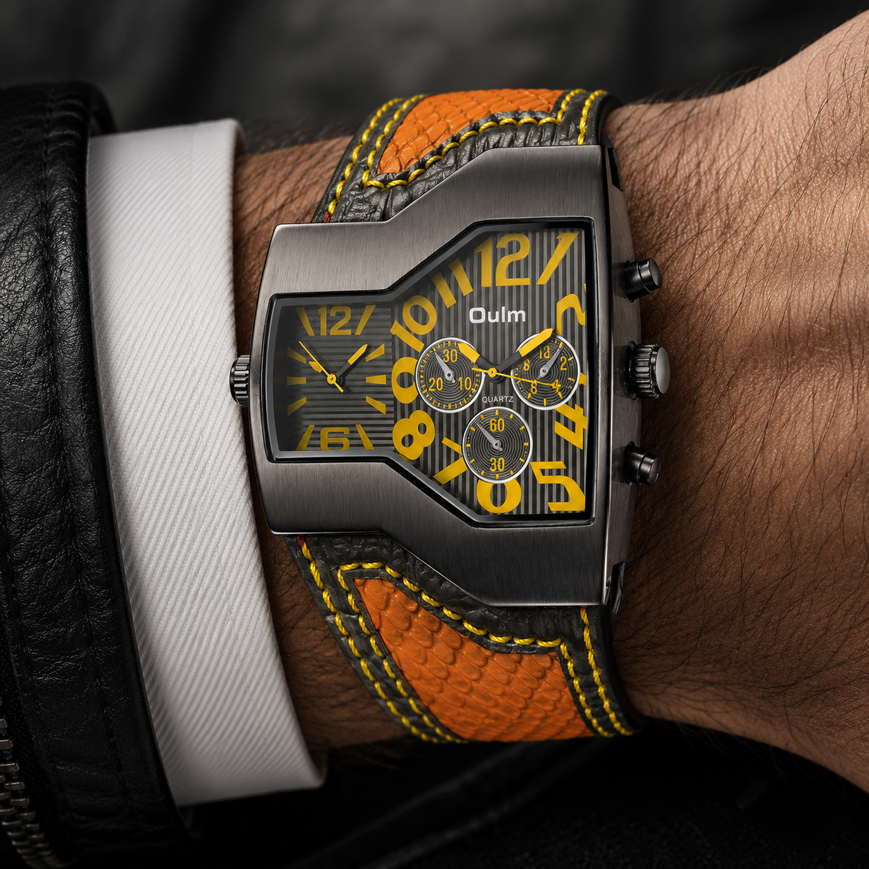 Close-up of men's dual time watch dial, showing two time zones & intricate details. Elegant timepiece for travel.