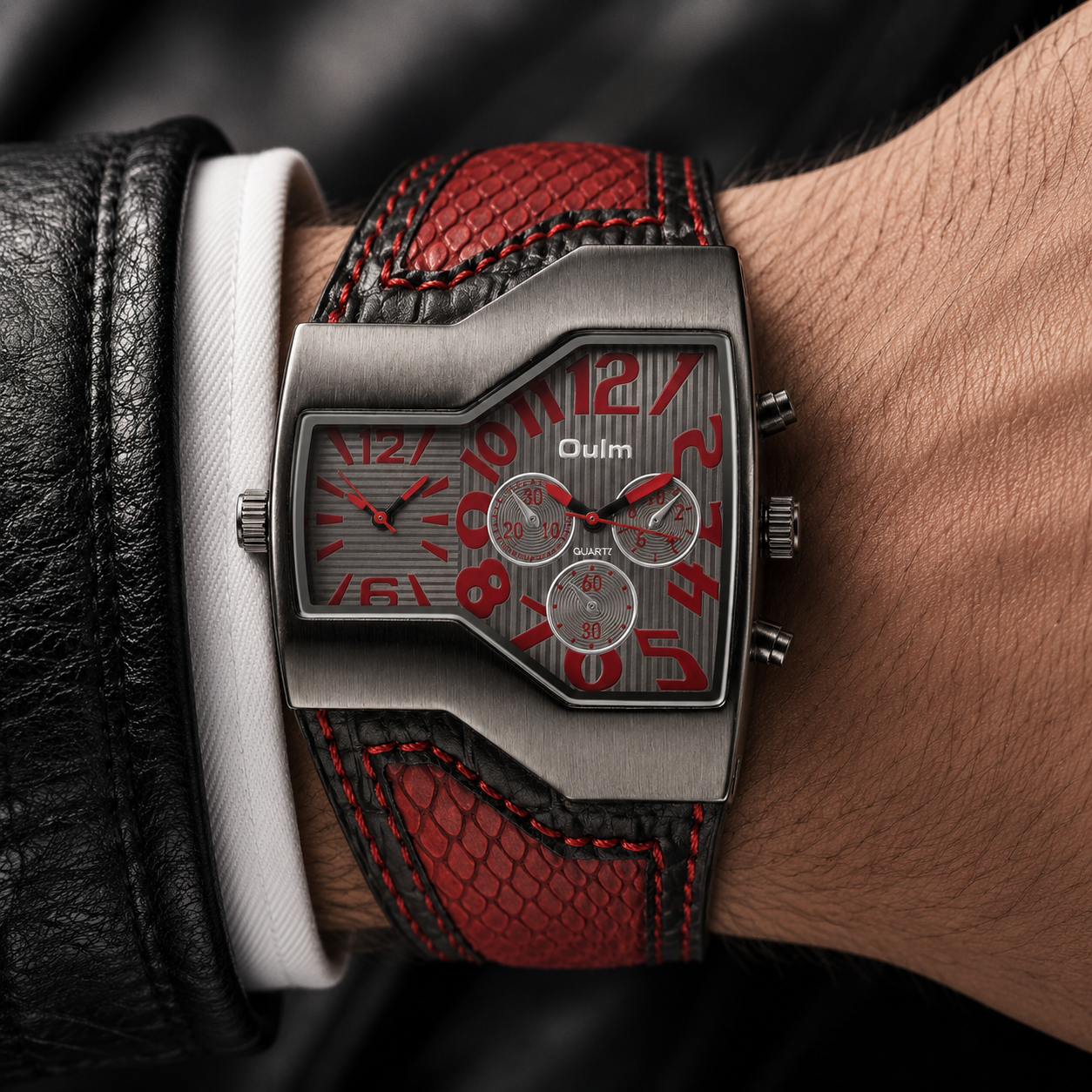 Men's elegant dual time watch with black leather strap on wrist. Stylish travel accessory for modern man.