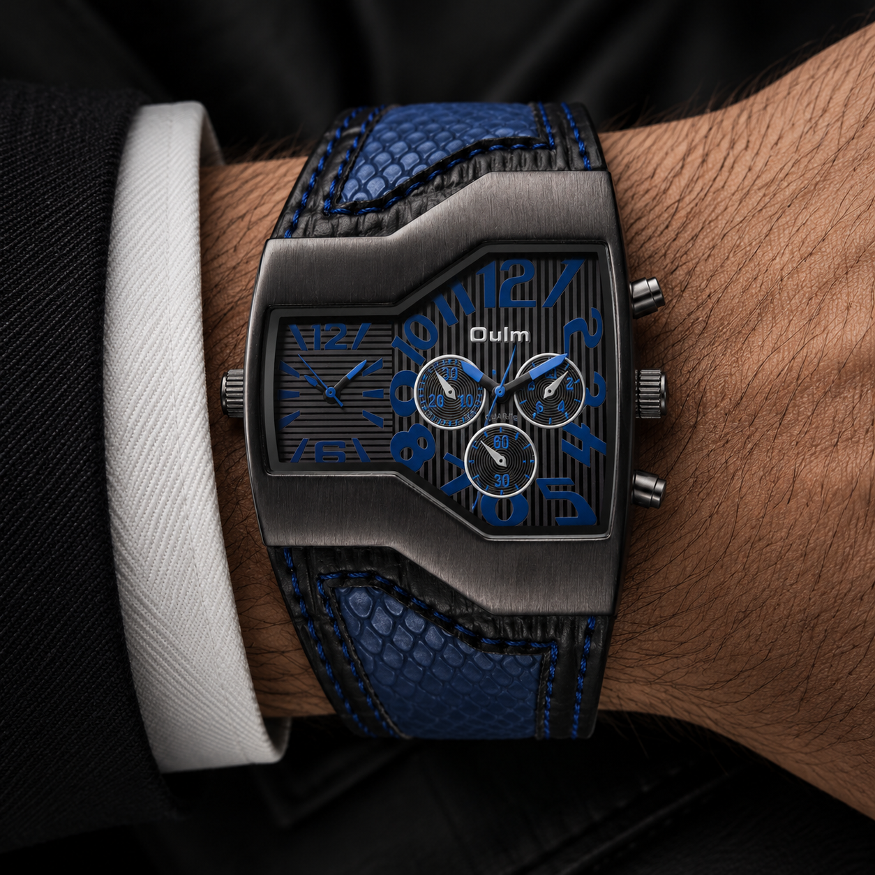 Side view of men's classic dual time watch, showcasing the elegant case design & crown detail. Quality timepiece.