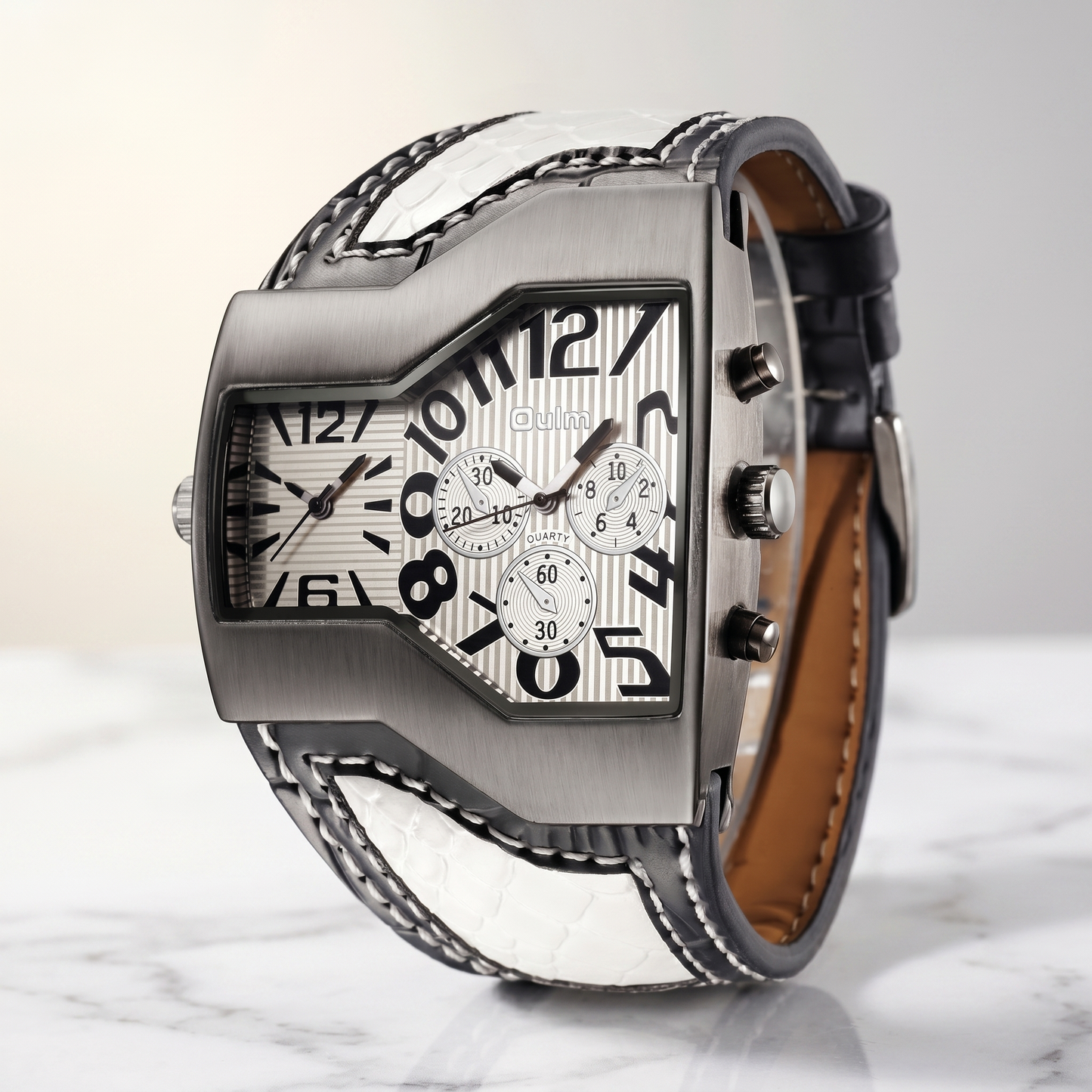 Detailed view of men's watch black leather strap, highlighting texture and stitching. Comfortable & stylish accessory.