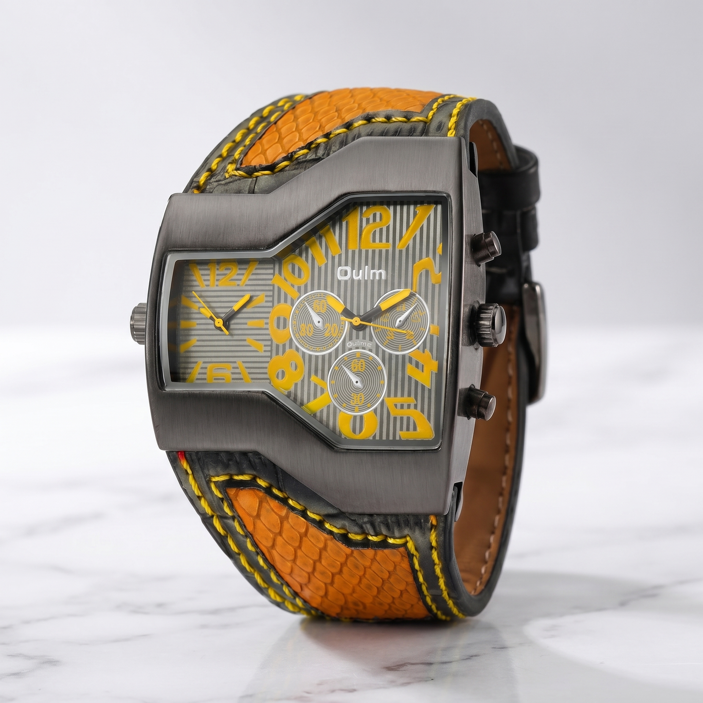 Men's dual time travel watch with leather strap set against a world map. Elegant timepiece for global adventurers.