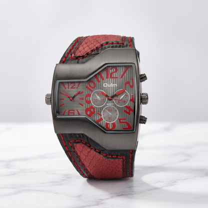Bold men's dual time watch, featuring a sleek dial and durable black leather strap. A classic travel accessory.