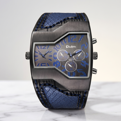 Elegant men's dual time watch with a sophisticated black dial & matching leather strap. Essential travel timepiece.