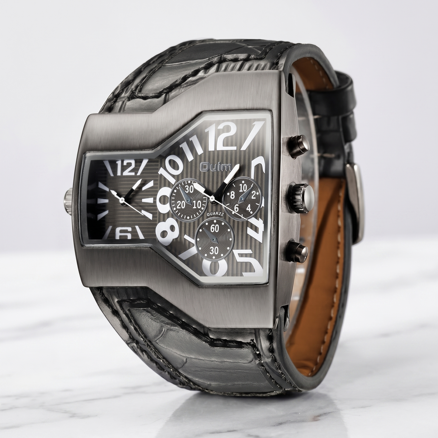 Functional men's dual time watch, ideal for tracking two time zones. Stylish leather strap accessory for travel.