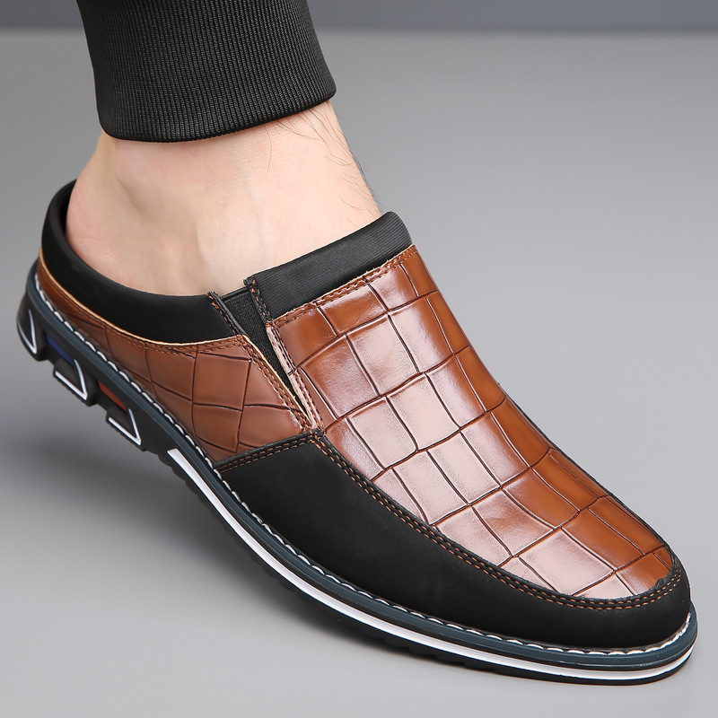 Men's smart casual embossed slip-on mules for sophisticated comfort & style.