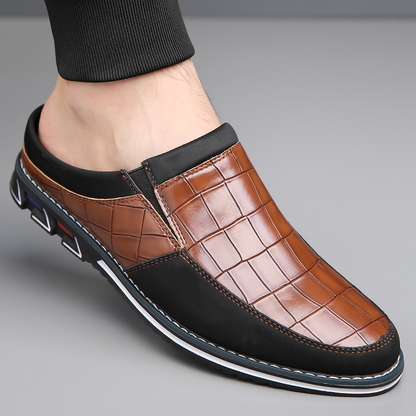 Men's smart casual embossed slip-on mules for sophisticated comfort & style.