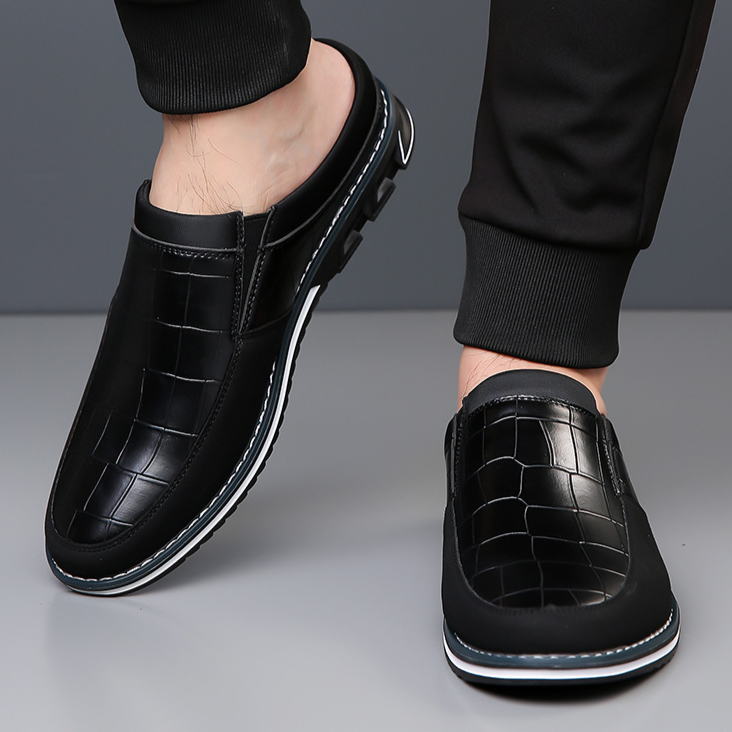 Modern men's embossed dress shoes; easy slip-on style, grip sole comfort.