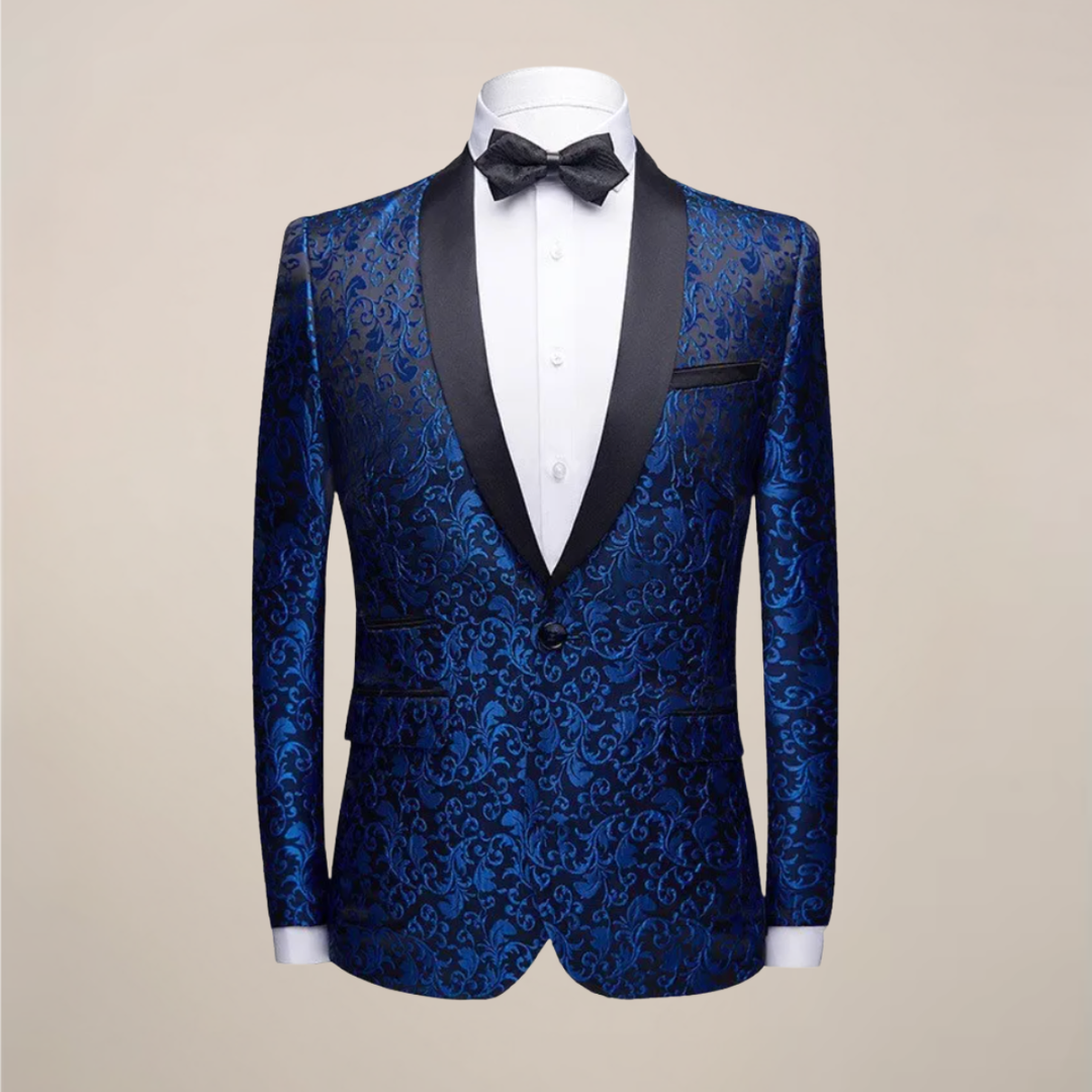 Men's elegant embroidered slim fit tuxedo blazer. Perfect formalwear for galas and special evening events.