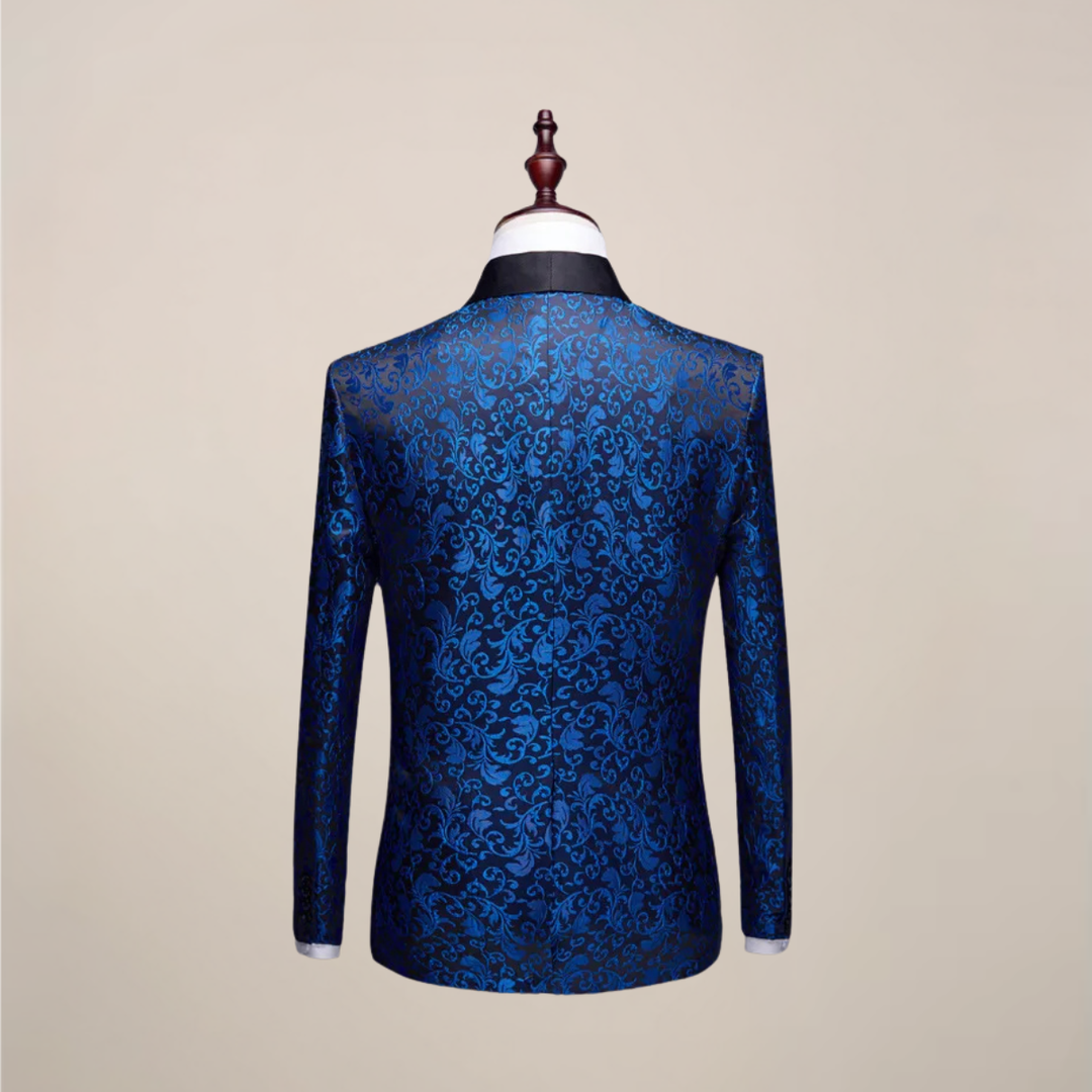 Detailed view of intricate embroidery on a men's slim fit tuxedo blazer. Ideal for weddings and formal evening wear.