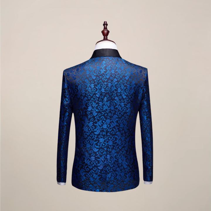 Detailed view of intricate embroidery on a men's slim fit tuxedo blazer. Ideal for weddings and formal evening wear.