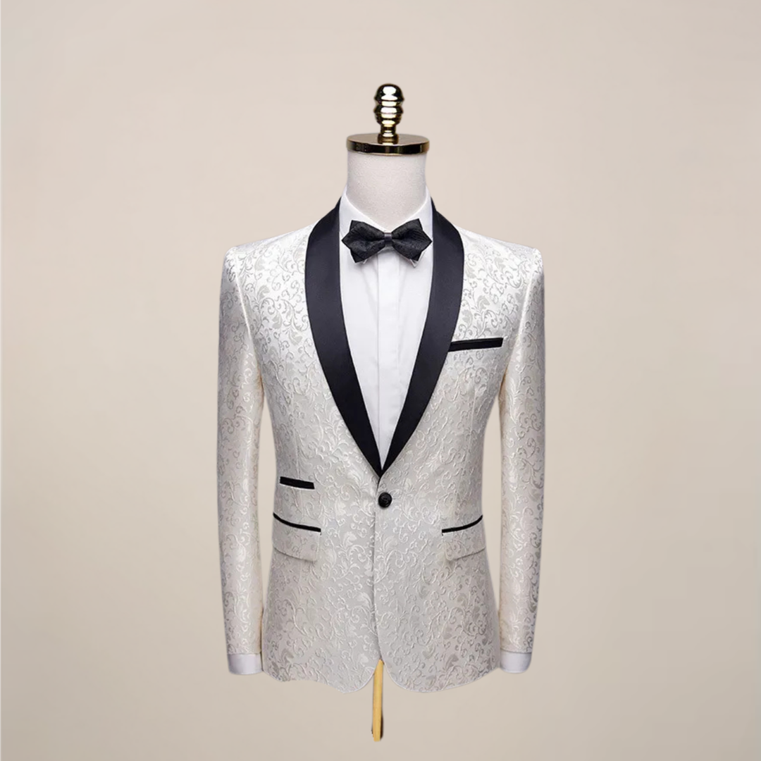 Back profile of a sophisticated men's embroidered slim fit tuxedo blazer, showcasing its sleek formal silhouette.