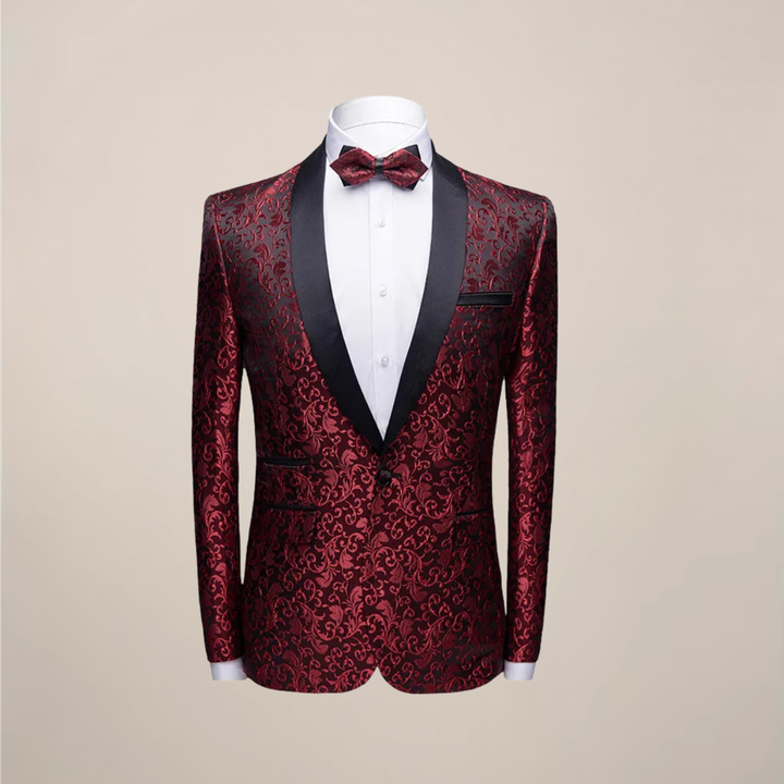 Close-up of the luxurious fabric and detailed embroidery on an elegant men's slim fit tuxedo blazer.