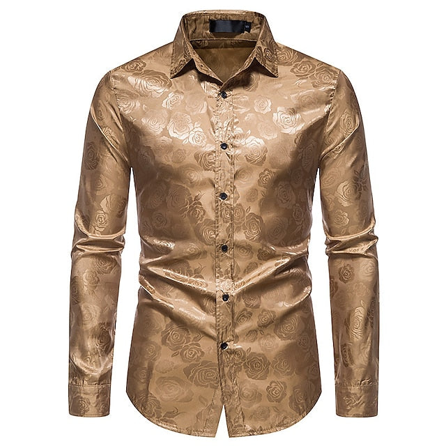 Sleek men's glossy long sleeve shirt, an elegant and formal top for evening events and special occasions.