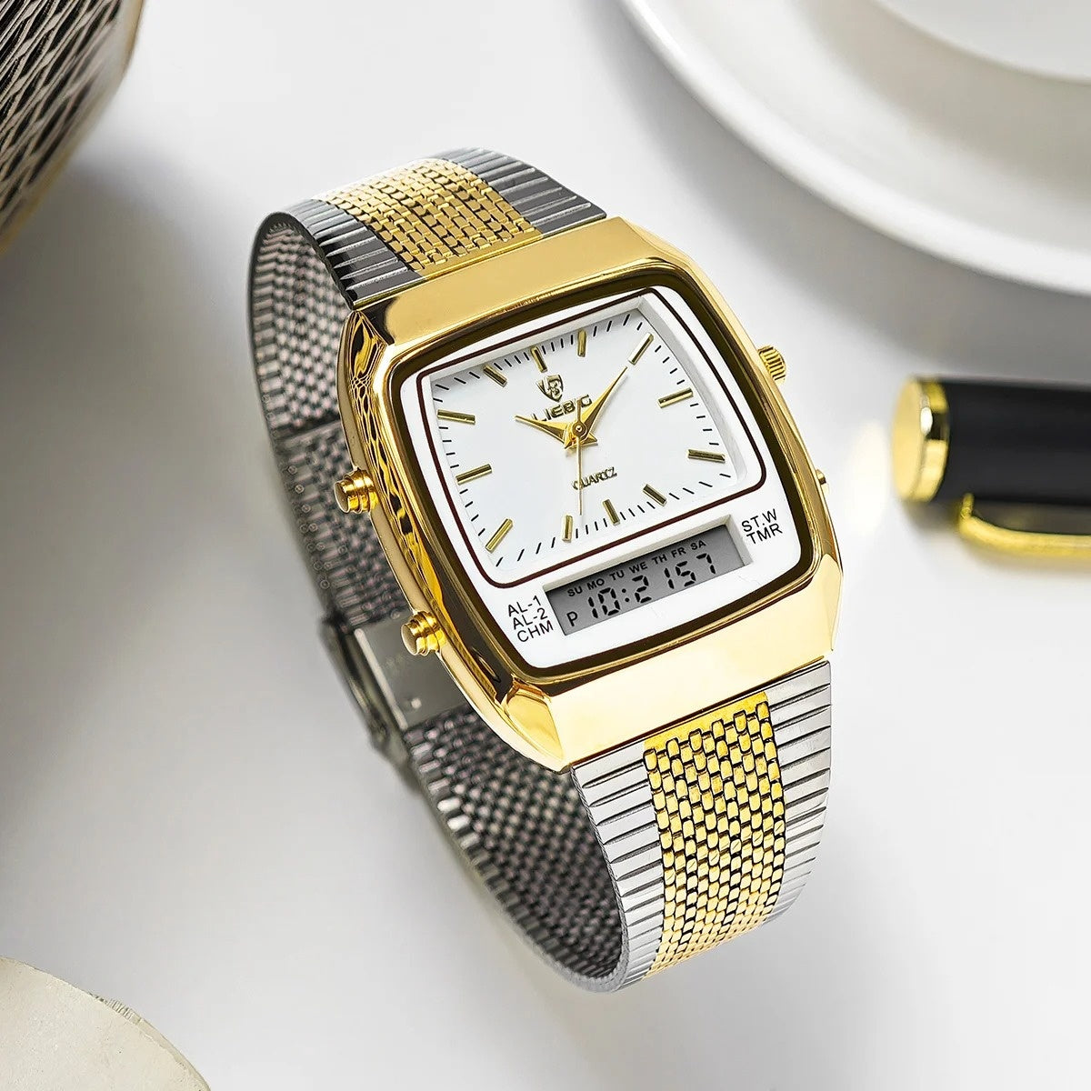 Men's elegant hybrid analog digital dress watch with a polished stainless steel band.