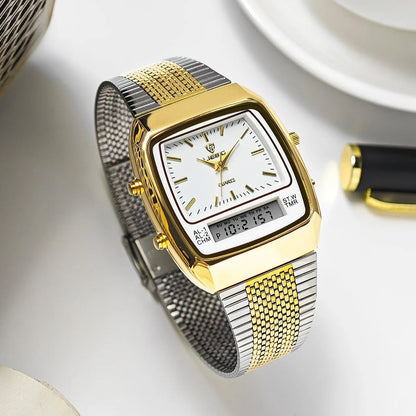 Men's elegant hybrid analog digital dress watch with a polished stainless steel band.