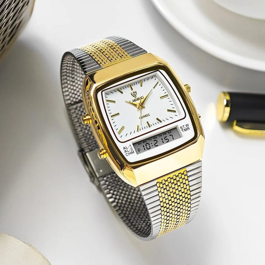 Men's elegant hybrid analog digital dress watch with a polished stainless steel band.