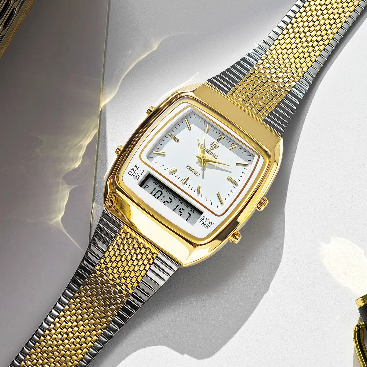 Stainless steel men's hybrid watch, featuring both analog and digital displays; ideal for business.