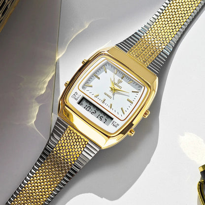 Stainless steel men's hybrid watch, featuring both analog and digital displays; ideal for business.