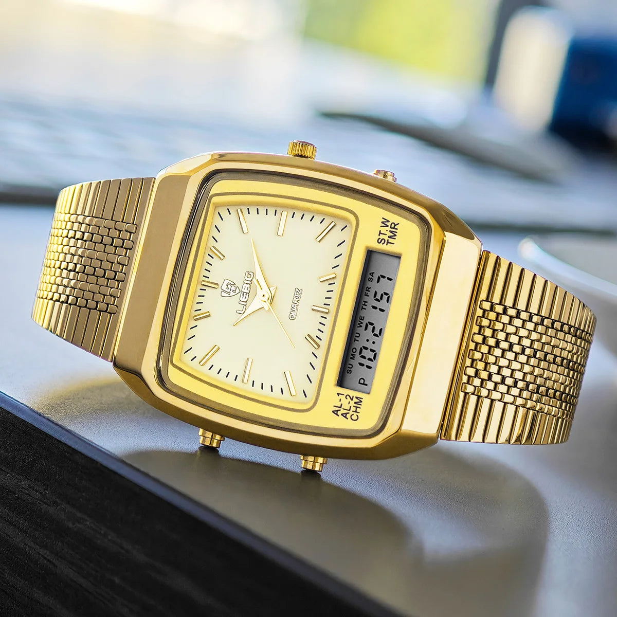 Refined men's hybrid dress watch with quartz movement, an elegant analog digital timepiece for professionals.