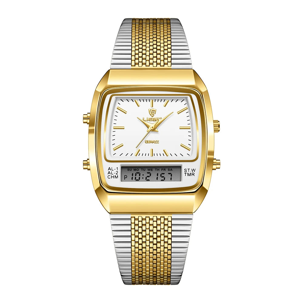 Sleek men's stainless steel hybrid dress watch, featuring a clear analog and digital display for clarity.