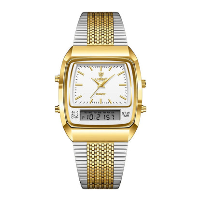 Sleek men's stainless steel hybrid dress watch, featuring a clear analog and digital display for clarity.