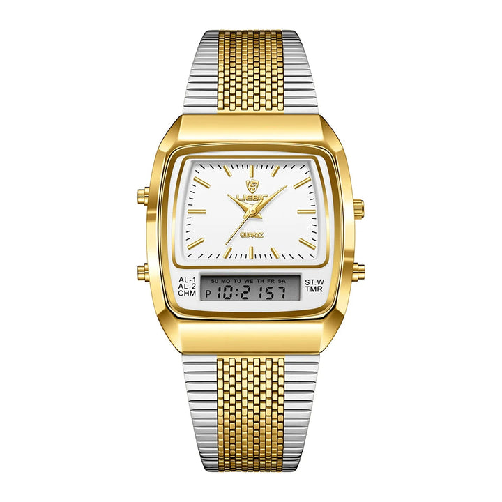 Sleek men's stainless steel hybrid dress watch, featuring a clear analog and digital display for clarity.