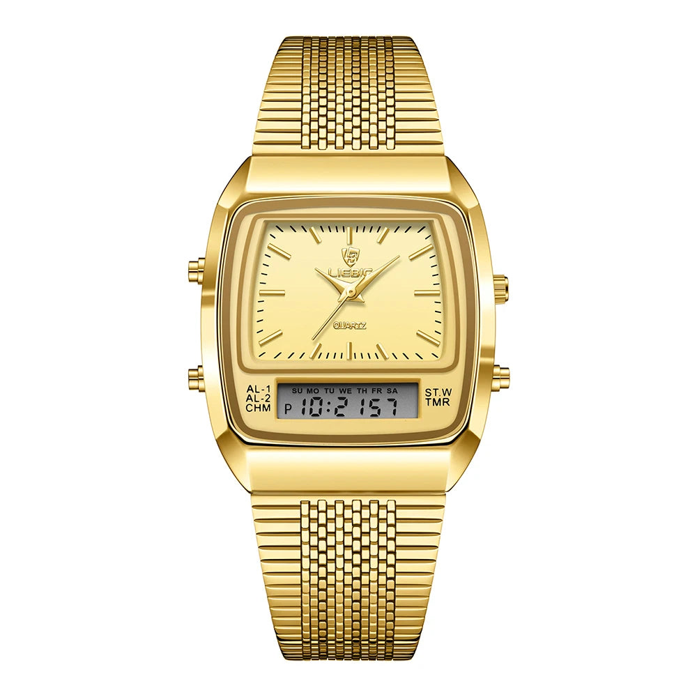 Business-ready men's hybrid analog digital watch, an elegant stainless steel timepiece for formal settings.
