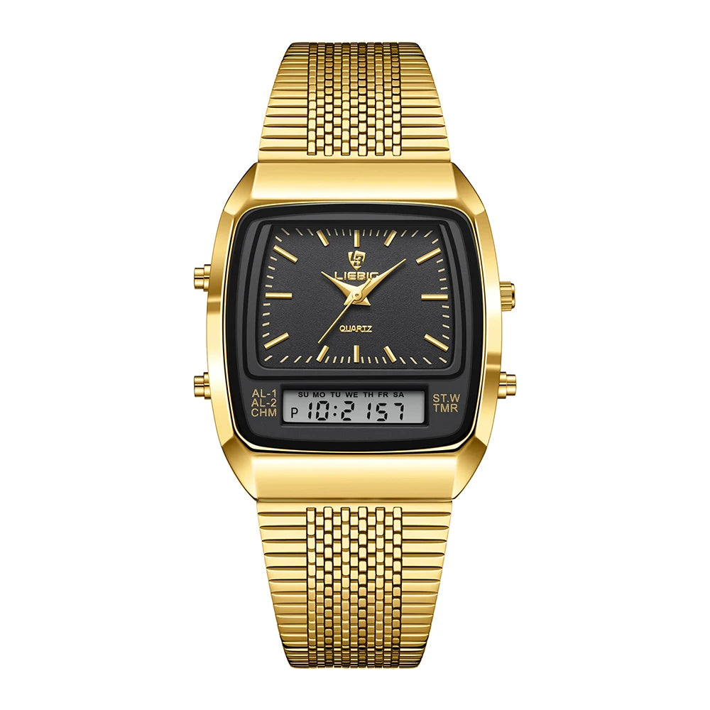 Stylish men's hybrid watch with analog digital display, crafted from durable stainless steel for longevity.