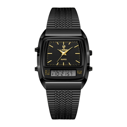 Modern classic men's hybrid analog digital dress watch, precision quartz movement & elegant design.